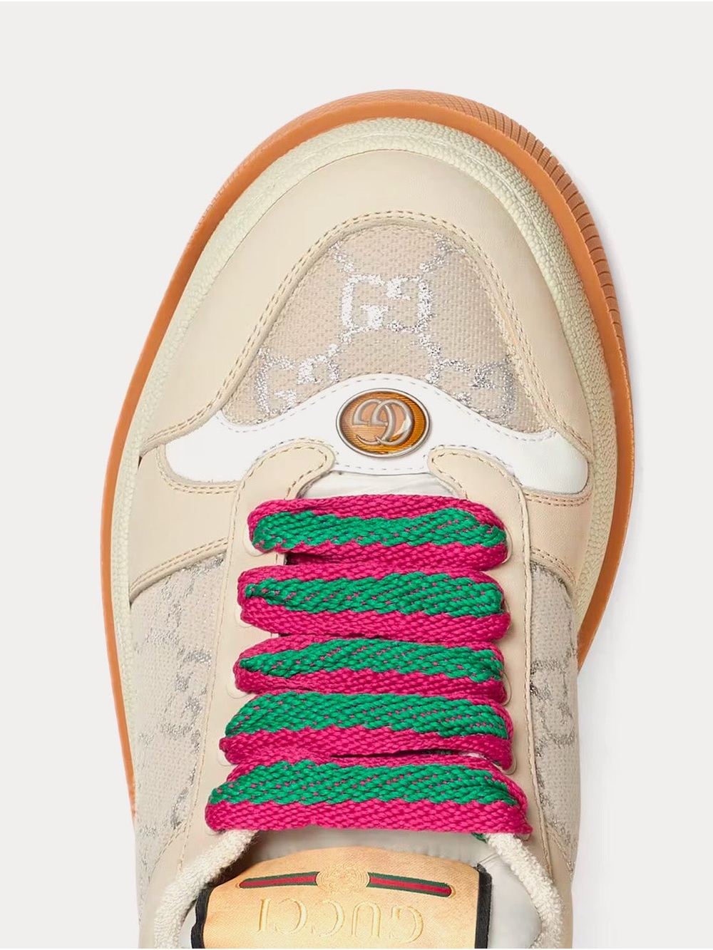 Gucci Beige GG Canvas Sneakers with Pink & Green Braided Laces size 40/U.S 10